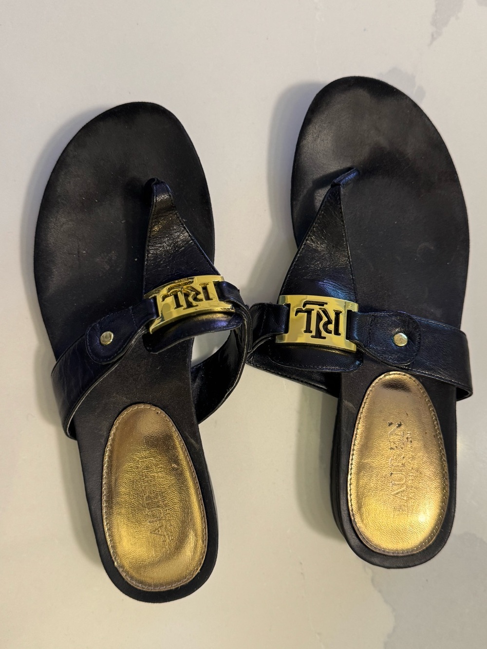 Ralph Lauren Black Leather Thong Sandals with Gold Logo Accents